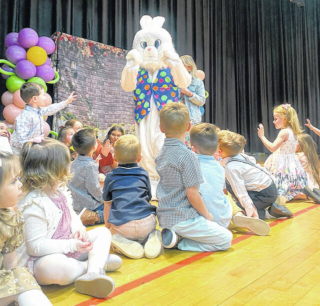 <p>Tiny Learners gets a visit from the Easter Bunny at the annual spring show held at Tenth Street School.</p>
<p>Submitted photo</p>