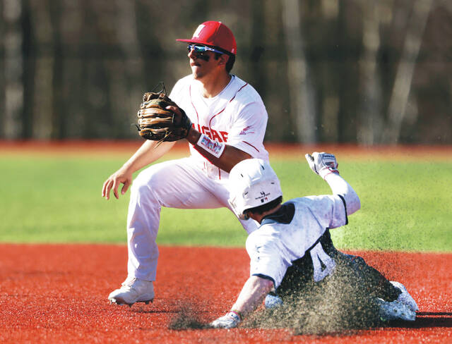 129542919_web1_haz_pa3_faa
Pittson Area’s Jeremy Cawley slides into second safely as Hazleton Area’s Grant Russo waits for the ball in the third inning Wednesday.
Fred Adams | For Times Leader
