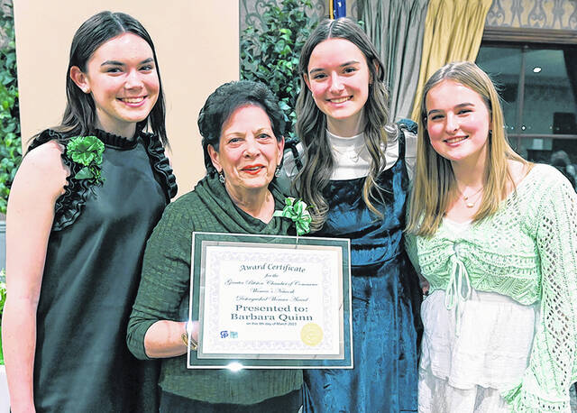 <p>2023 Distinguished Woman Award recipient Barbara Quinn, stands with her granddaughters who introduced Quinn to recieve her award. Left to right: Kearney Quinn, Quinn, Katie Quinn, and Samantha Quinn.</p>
<p>Tony Callaio file photo | For Sunday Dispatch</p>