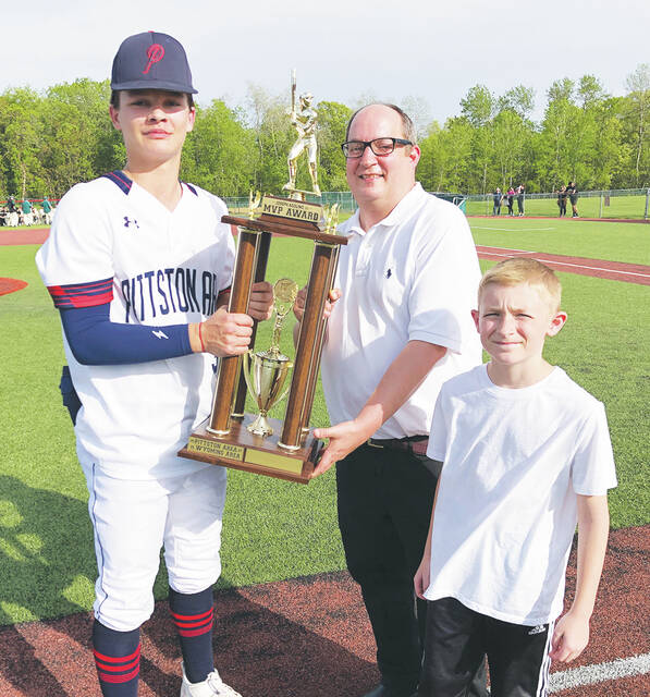 <p>Pittston Area’s Nick Cerasaro took home the Joseph Agolino, Sr. MVP trophy between the Patriots and Wyoming Area. Presenting the MVP trophy is Joseph Agolino, Jr. and Joseph Agolino, III.</p>
<p>Tony Callaio | For Sunday Dispatch</p>