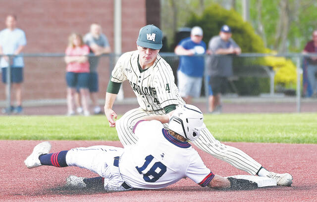 <p>Pittston Area’s Vinnie Bonomo slides under the tag from Wyoming Area’s Jack Mathis at 2nd base.</p>
<p>Tony Callaio | For Sunday Dispatch</p>