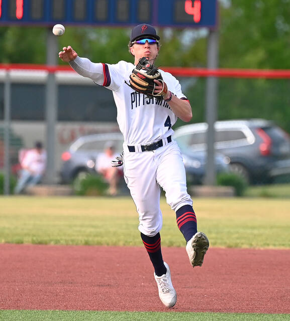 <p>Pittston Area shortstop Jeremy Cawley throws out Shikellamy’s Kayden McClusky at first base.</p>
<p>Tony Callaio | For Times Leader</p>
