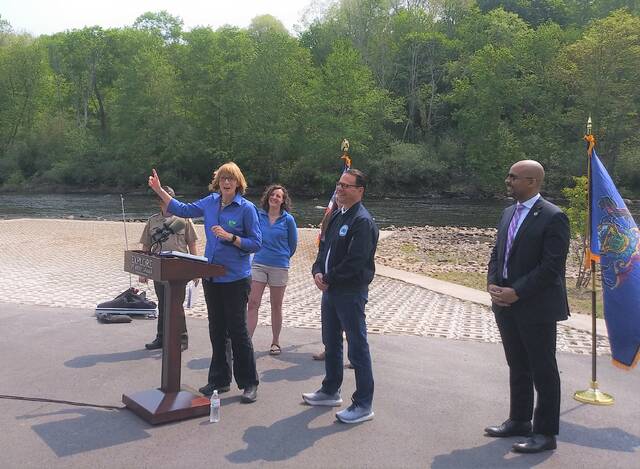 <p>Pennsylvania Department of Conservation and Natural Resources Secretary Cindy Dunn celebrated the state’s investment in a new public access point at the Lehigh Gorge State Park in White Haven and praised Gov. Josh Shapiro, to her left, for his push to further invest in the state’s natural resources.</p>
<p>Jennifer Learn-Andes | Times Leader</p>
