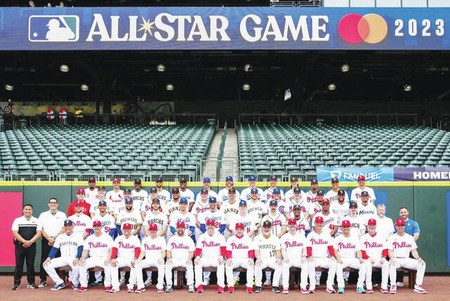 <p>Dustin Clarke (second row, far right, blue shirt) was chosen the Strength and Conditioning Coach for the National League team for the 2023 Major League Baseball All-Star Game, at Seattle, Washington.</p>
<p>Submitted photo</p>