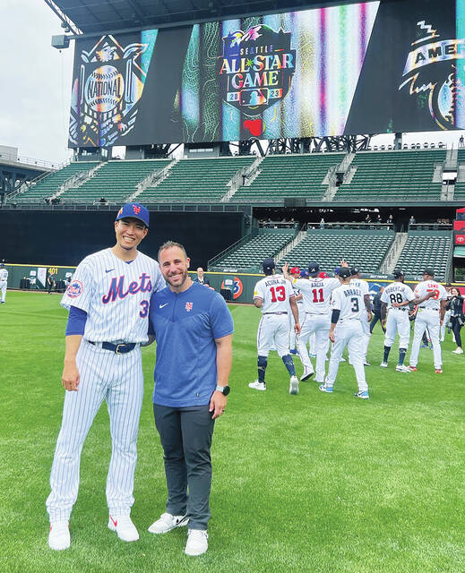 <p>2005 Seton Catholic graduate and New York Mets Strength and Conditioning Coach Dustin Clarke, right, poses with Mets starting pitcher Kodai Senga at Media Day at the 2023 Major League Baseball All-Star Game.</p>
<p>Submitted photo</p>