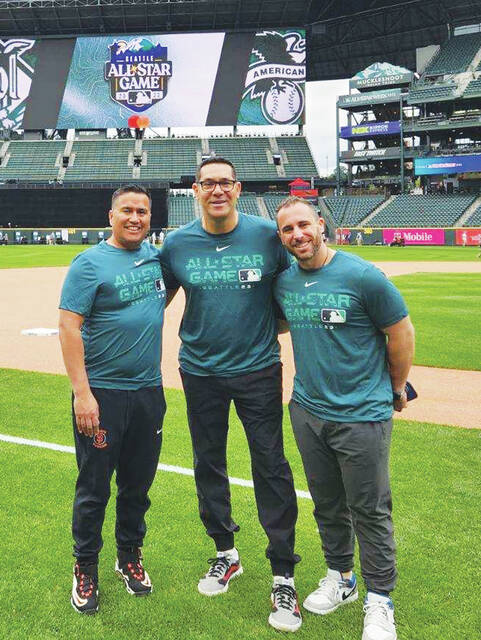 129822608_web1_Dustin-Clarke-Mets-3
National League Training Staff at the 2023 Major League All-Star Game on July 13. Left to right: Anthony Reyes, athletic trainer, San Francisco Giants; Tomas Vera, athletic trainer, Cincinnati Reds; and Greater Pittston native and resident Dustin Clarke, New York Mets.
Submitted photo