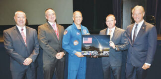 
			
				                                At the conclusion of NASA Astronaut Bob Hines’ speech at Pittston Area High School, he presented a poster with an American flag that flew on a mission in space. Left to right: Kevin Booth, school superintendent, Dr. John Haas, assistant superintendent, Hines, Chris Lazevnick, building principal, U.S. Rep. Matt Cartwright.
                                 Tony Callaio | For Times Leader

			
		