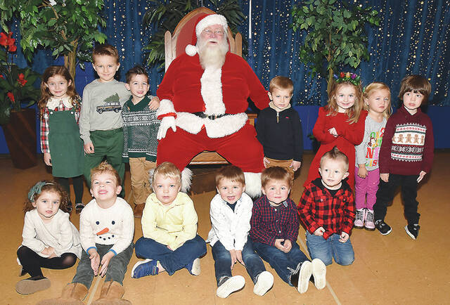 130207918_web1_WAC-Breakfast-Santa-4
Wyoming Area Catholic pre-schoolers pose with Santa. Sitting, left to right: Cecilia Pupa Nathan Pace Mitchell Susevich, Miles Ungureit, Kristopher Ungureit, Brain Ricci. Standing: Evelyn Kelley, Luca Pasquariello, Ryan Rogers, Santa, Vincent Kasa, Macie Sedon, Maeve Riscoff and Ezra Ley.