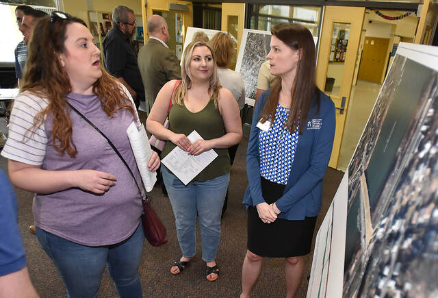 130595750_web1_Pittston-Bridge-Projects-1
Adrienne, left, and Alecia Panuski, center, question Rachel Tereska, right, of Newell, Tereska, Mackay Engineering, on the future plans for the two Pittston-West Pittston Bridges at a bridge replacement public meeting held at Wyoming Area Secondary Center Auditorium on Wednesday night.
Tony Callaio | For Times Leader