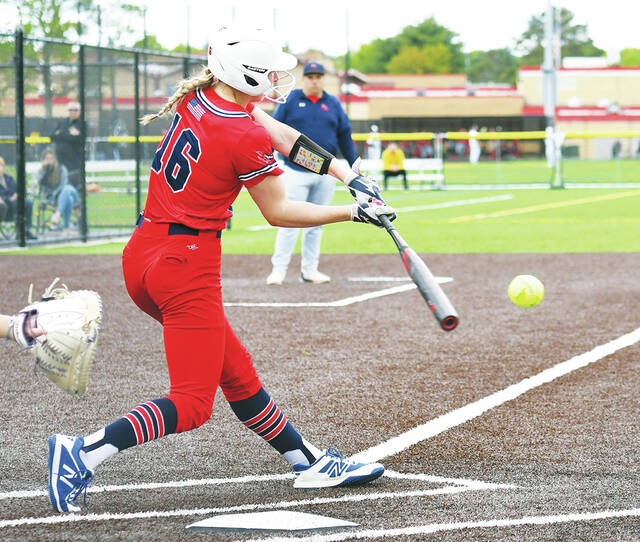 130605409_web1_PA-LL-Sftbl-1
Pittston Areas Gianna Adams triples to start the Patriots four-run first inning against Lake-Lehman.
Tony Callaio | For Times Leader