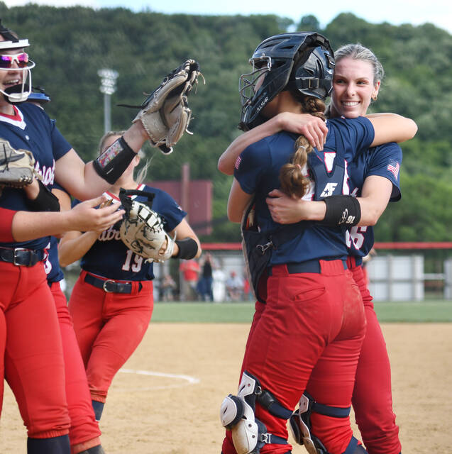 130677710_web1_PA-SW-5A-Semi-8
PIttston Area pitcher Gianna Adams, right, gets a hug from her catcher Julia Cocco before getting mobbed by her teammates after Adams fired a no-hit game against South Western on Monday at Pine Grove High School to catapult the Patriots into the PIAA 5A final for the second time in three years.
Tony Callaio | For Times Leader
