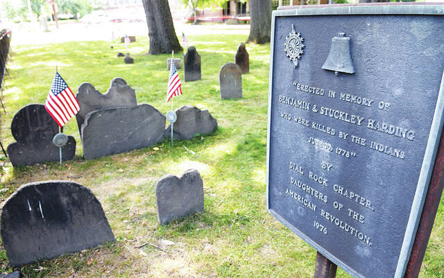 <p>This placque, erected in 1976, stands just a few short feet from Benjamin and Stuckley Harding gravesite marked with American flags. Both men were killed by the Indians on June 30, 1778. The men were the first to be buried at West Pittston Jenkins Harding Cemetery on Wyoming Avenue.</p>