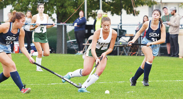 130840970_web1_WA-Sem-FH-3
Lyla Rehill, shown here in a district semifinal victory over Wyoming Seminary, is among eight returning starters on the Wyoming Area field hockey team, which seeks to repeat a division title.
File Photo