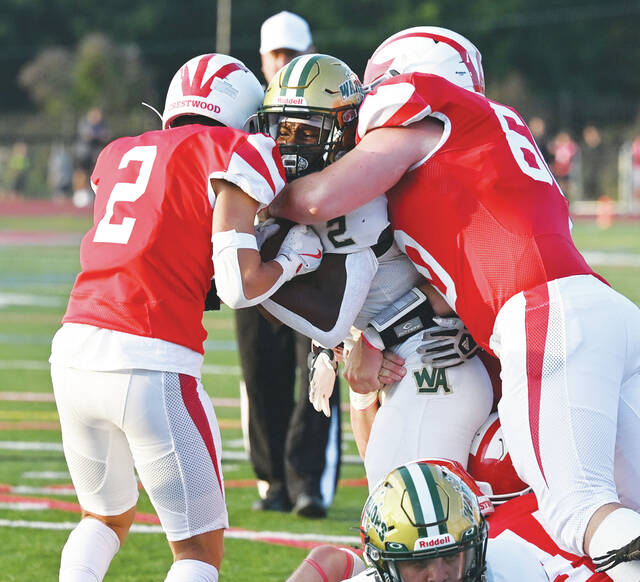 130870791_web1_WA-Crestwood-ftbl-1
Wyoming Area running back Lidge Kellum is stopped by Crestwoods Gio Barna (2) and Kyle Draina (60) during last Fridays season opener. While the Warriors were able to throw the ball effective, theyll need to run it better Friday against visiting Dallas.
Tony Callaio file photo | For Times Leader