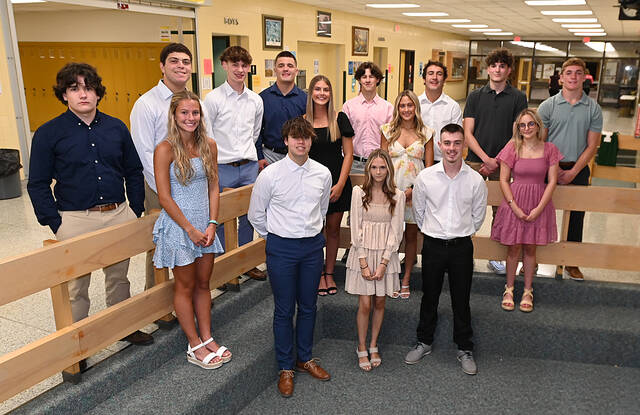 130929234_web1_WA-2024-Homecoming-Court
Wyoming Area homecoming court candidates have been announced along with their football player escort and their game day escort. The 2024 Queen will be chosen on Friday, Sept. 27 at the schools pep rally and presented at the football game later that evening. From left, first row: Owen Klaproth, Cassidy Girmen, Anthony DeLucca. Second row: Ella McKernan, Lyla Rehill, Juliana Gonzales, Ella Biscotto. Third row: Anthony Giunta, Sonny Sabatini, Lukas Burakiewicz, Michael Crane, Scott McDermott, Jacob Morgan, Jack Golden, Kevin Wiedl.
Submitted