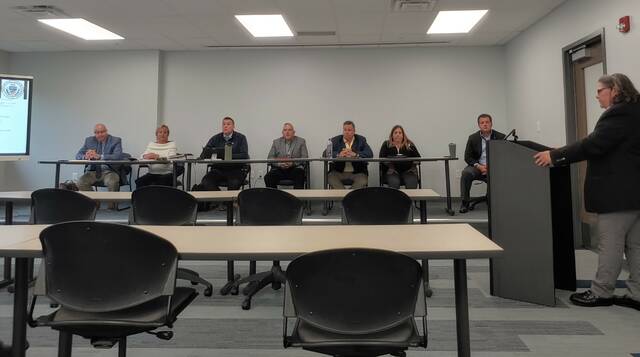 130950731_web1_opioid
Luzerne County officials held a Monday hearing on the countys opioid litigation settlement funding at the county operations building in Wyoming.
From left: county Court Administrator Paul Hindmarsh; citizen opioid commission member Mary Butera; county Drug and Alcohol Administrator Ryan Hogan; county Correctional Services Division Head James Wilbur; county Chief Solicitor Harry W. Skene; county Budget/Finance Division Head Mary Roselle; county District Attorney Sam Sanguedolce; and County Manager Romilda Crocamo
Jennifer Learn-Andes | Times Leader