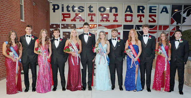 130963639_web1_PA-2024-Homecoming
Pittston Area High School held its 2024 Homecoming ceremony at halftime during the Patriots game against Crestwood. From left: Nora Callahan, Chris Scavo, Julia Homschek, Richie Tonte, Kassie Kobi (Queen), Aiden Lynn, Isabella Krashnak (2023 Queen substitute for Gianna Adams), AJ Scialpi, Maddie Karp, Nicholas Cianfichi, Daniella Ranieli and Jake Aftewicz.
Courtesy of Angel Noone Photography