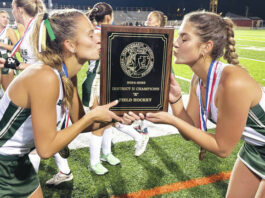 
			
				                                Wyoming Area seniors Ella McKernan, left, and Lyla Rehill kiss the District 2 Class A field hockey championship plaque after edging Lake-Lehman in overtime of Wednesday’s title game.
                                 Tony Callaio | For Times Leader

			
		