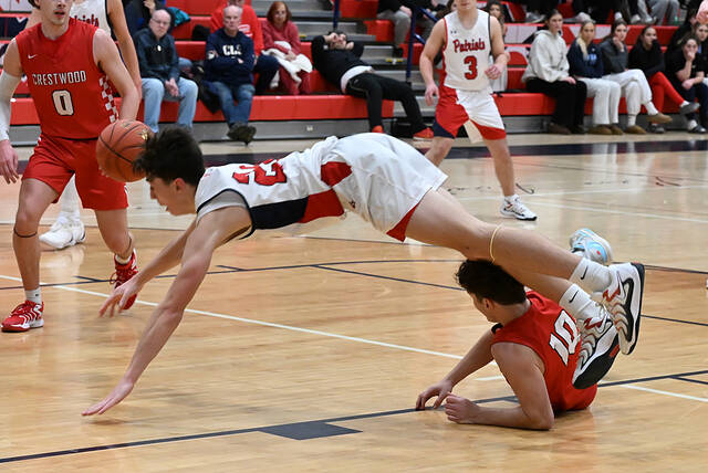 131160827_web1_PA-Crestwood-BBB-1
Pittston Areas Aiden Lynn (24) attempts to avoid contact with Crestwoods Cameron Scotti (10) when going for a loose ball.
Tony Callaio | For Times Leader