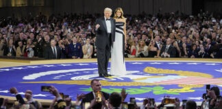 
			
				                                President Donald Trump and first lady Melania Trump on stage at the Commander in Chief Ball, part of the 60th Presidential Inauguration on Monday in Washington.
                                 AP Photo

			
		