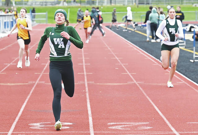 131384921_web1_WA-LL-Track-4
Wyoming Areas Ella McKernan is shown crossing the finish line of the 400m. against Lake-Lehman on April 24, 2024, at Lehman.
Tony Callaio file photo | For Times Leader