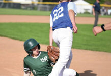 
			
				                                Hanover Hawkeye third baseman Nate Wright (22) is late with a tag on Warrior Jeremy Layland.
                                 Tony Callaio | For Sunday Dispatch

			
		