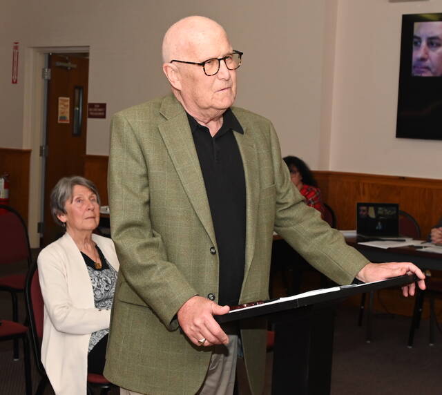 131495560_web1_LCHS-Meets-Exeter-Council
Will Conyngham, at podium, and Carol Lavery, seated, chair and vice chair, respectively, of the Luzerne County Historical Society, spoke to the council to share their enthusiasm on acquiring the former St. Cecilia Catholic Church property, next door from Wyoming Area Catholic School at Tuesday nights Exeter Borough Council meeting.
Tony Callaio | For Times Leader