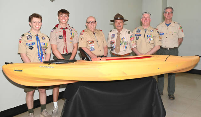 131502125_web1_Boy-Scouts-Kayak
West Pittston Boy Scouts Troop 302 is the recipient of a kayak donated by the West Pittston Moose Lodge 1207. From left: Dan Feeney, Gavin Feeney, Ralph Salerno, Pat Messina, Dan Feeney Sr. and Kevin Bishop, Boy Scouts district executive.
Tony Callaio | For Sunday Dispatch