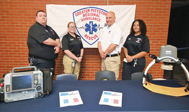 131516387_web1_GPRAA-PA-Recruit-1
Greater Pittston Regional Ambulance EMTs, left to right, Joseph Corcoran, Heather Million, Deputy Chief Michael Ankenbrand, Madisyn Collins, set up a booth at Pittston Area looking to recruit apprentices.
Tony Callaio | For Sunday Dispatch