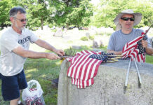 
			
				                                Joe Fanti, left, and Joe Kirby, were busy collecting old U.S. Flags at the West Pittston Cemetery in 2024. New flags where placed under the supervision of the West Pittston 1st Lt. Jeffrey DePrimo American Legion Post 542.
                                 Tony Callaio file photo | For Times Leader

			
		