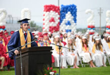 
			
				                                Pittston Area senior class officer Jaden Brombacher adds remarks during the school district’s 59th commencement exercise at Charley Trippi Stadium, Yatesville, on Thursday evening.
                                 Tony Callaio | For Times Leader

			
		