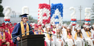 
			
				                                Pittston Area senior class officer Jaden Brombacher adds remarks during the school district’s 59th commencement exercise at Charley Trippi Stadium, Yatesville, on Thursday evening.
                                 Tony Callaio | For Times Leader

			
		