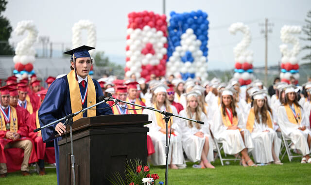 131565582_web1_PA-2025-Graduation-1
Pittston Area senior class officer Jaden Brombacher adds remarks during the school districts 59th commencement exercise at Charley Trippi Stadium, Yatesville, on Thursday evening.
Tony Callaio | For Times Leader