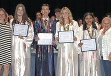 
			
				                                Presenting the Ron Faust Service Award from left to right: Brittani Shearer, Pittston Kiwanis president, Ashlynn Seldon, Jake Grzech, Hailey Pointek, Hannah Garcia, Mary Ann Faust (Ron’s wife).
                                 Submitted photo

			
		