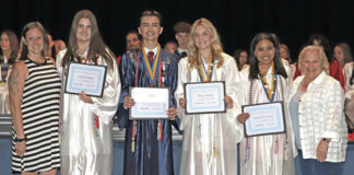 
			
				                                Presenting the Ron Faust Service Award from left to right: Brittani Shearer, Pittston Kiwanis president, Ashlynn Seldon, Jake Grzech, Hailey Pointek, Hannah Garcia, Mary Ann Faust (Ron’s wife).
                                 Submitted photo

			
		
