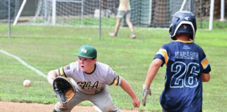 
			
				                                First baseman Nathan Lewis is about to catch the ball ahead of Angelo Marcario crossing the base in 2024.
                                 Tony Callaio file photo | For Sunday Dispatch

			
		
