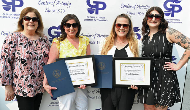 131567267_web1_2025-POY-1
Michelle Mikitish and Brandi Bartush, president and director of operations, respectively, were presented plaques and citations in their name being honored as the 2024 Greater Pittston Co-Person of the Year sponsored by the Sunday Dispatch and Times Leader Media Group. Shown left to right: Diane McGee, Times Leader Advertising director, Mikitish, Bartush, Kelsey Decker, Times Leader sales rep.
Tony Callaio | For Sunday Dispatch