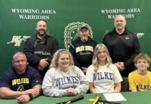 
			
				                                Wyoming Area’s Rebecca Gula committed to Wilkes University where she intends to be part of the women’s tennis team. Gula also played softball for the Lady Warriors. From left, first row: Chris Gula, father; Stacie Gula, mother; Rebecca Gula; Joseph Gula, brother. Second row: Joe Pizano, Wyoming Area athletic director; Bill Roberts, tennis coach; and Eric Speece, principal.
                                 Submitted Photo

			
		