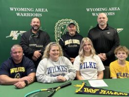 
			
				                                Wyoming Area’s Rebecca Gula committed to Wilkes University where she intends to be part of the women’s tennis team. Gula also played softball for the Lady Warriors. From left, first row: Chris Gula, father; Stacie Gula, mother; Rebecca Gula; Joseph Gula, brother. Second row: Joe Pizano, Wyoming Area athletic director; Bill Roberts, tennis coach; and Eric Speece, principal.
                                 Submitted Photo

			
		