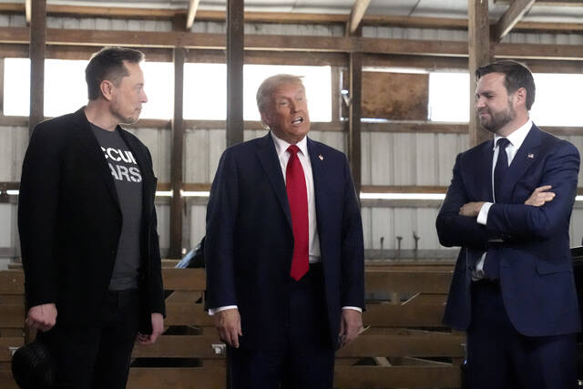 131569650_web1_131569650-d565dee235884a808c145e20f99a7a53
From left: Elon Musk, Donald Trump and JD Vance attend a campaign event on Oct. 5, 2024, in Butler.
AP File Photo