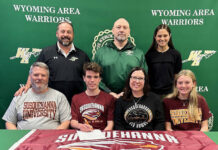 
			
				                                Wyoming Area track and field athlete Brady Kearns recently celebrated his commitment to continue his academic and athletic careers at Susquehanna University with a ceremony at the high school. Kearns finished fifth in the 400-meter dash at the Wyoming Valley Conference Championships and was part of the seventh-place 1600 relay team. He helped the Warriors to a Wyoming Valley Conference Division 2 title. From left, first row: Matt Kearns, father; Brady Kearns; Molly Kearns, mother; and Shannon Kearns, sister. Second row: Joe Pizano, Wyoming Area athletic director/head track and field coach; Eric Speece, principal; and Kristen Lombardo, assistant track and field coach.
                                 Submitted Photo

			
		