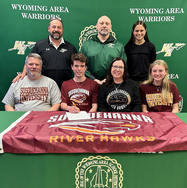 131583387_web1_IMG_8137
Wyoming Area track and field athlete Brady Kearns recently celebrated his commitment to continue his academic and athletic careers at Susquehanna University with a ceremony at the high school. Kearns finished fifth in the 400-meter dash at the Wyoming Valley Conference Championships and was part of the seventh-place 1600 relay team. He helped the Warriors to a Wyoming Valley Conference Division 2 title. From left, first row: Matt Kearns, father; Brady Kearns; Molly Kearns, mother; and Shannon Kearns, sister. Second row: Joe Pizano, Wyoming Area athletic director/head track and field coach; Eric Speece, principal; and Kristen Lombardo, assistant track and field coach.
Submitted Photo
