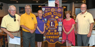 
			
				                                Newly installed officers of Jenkins Twp. Lions Club took the oath of office recently administered by Tom Huskey. From left: Huskey, Stan Rovinsky, president; Marlyn Querci and Rachel Rovinski as recording and corresponding secretaries; and Bob Linskey, treasurer.
                                 Tony Callaio | Sunday Dispatch

			
		