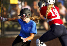 
			
				                                West All-Stars Ella Tito from Tunkhannock taged out in the second inning by East All-Star catcher Gabby Gorzkowski of Pittston Area.
                                 Fred Adams | for Times Leader

			
		