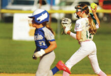 
			
				                                Hanover’s Ellie Malloy races past GWA’s Sophia Adams as she prepares to throw to third base for the out in the third inning.
                                 Fred Adams | For Times Leader

			
		