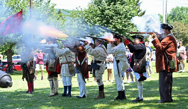 131627253_web1_Battle-of-Wyoming-6
Men from the 24th Connecticut Militia presented a volley tribute at the site of the Wyoming Monument as a part of the 247th Anniversary of the Battle of Wyoming.
Tony Calaio | For Sunday Dispatch