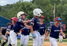 
			
				                                Anthony Cerasaro receives a slap on the back from Greater Pittston Township teammate Anthony Cortese after Cerasaro drew the game-ending, bases-loaded walk in Sunday’s 11-10 win over Carbino Club/Archbald. Dominic Macario is at right.
                                 Tom Robinson | For Times Leader

			
		