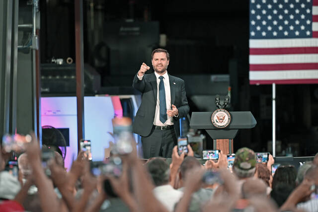 131651145_web1_Vance-Visit-Don-s-Maching-Shop-5
Cellphone cameras were out by the dozens as U.S. Vice President JD Vance entered the stage at Dons Machine Shop, West Pittston.
Tony Callaio | For Times Leader