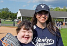 
			
				                                Mallory Hughes, left, laughs it up with birthday girl, Freddie King, during the Victory Sports League game at West Pittston Little League.
                                 Tony Callaio | For Sunday Dispatch

			
		