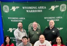 
			
				                                Mario Belza, one of the leaders of a winning Wyoming Area golf team, has committed to King’s College to continue his academic and athletic careers. As a senior, Belza tied for fourth in the annual Tom Tryba Tournament and came within a playoff of reaching the District 2 Class 3A individual tournament. From left, first row: Jay Belza, Mario Belza, Rob Belza and Nina Belza. Second row: Joe Pizano, Wyoming Area athletic director; Gordon Williams, golf coach; and Eric Speece, principal.
 
			
		